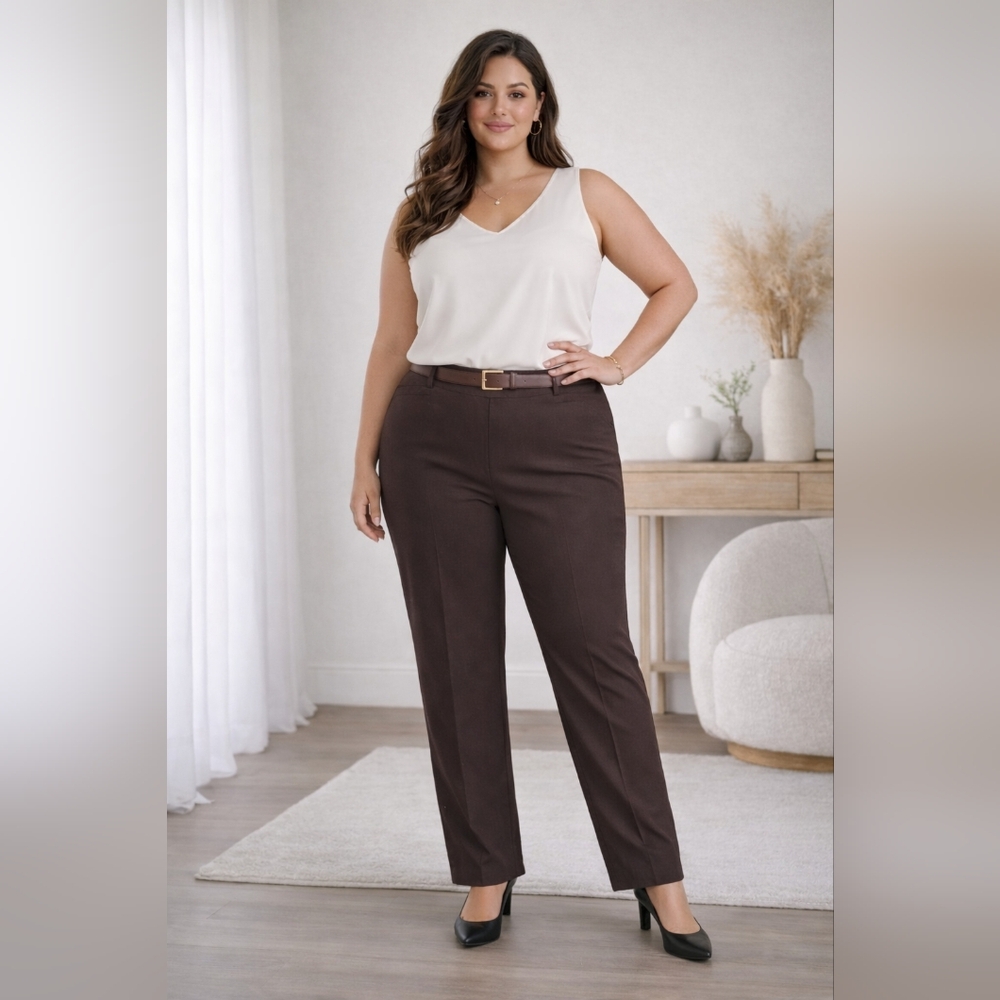 Briggs New York 24W Brown Straight Leg Pull On Pants Comfort Workwear Stretch